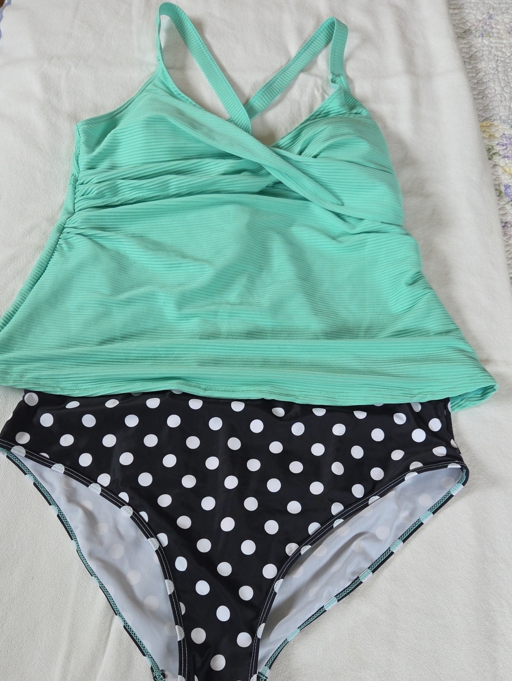 Mint Swim Tankini Top White & Black Polka Dot Bottoms